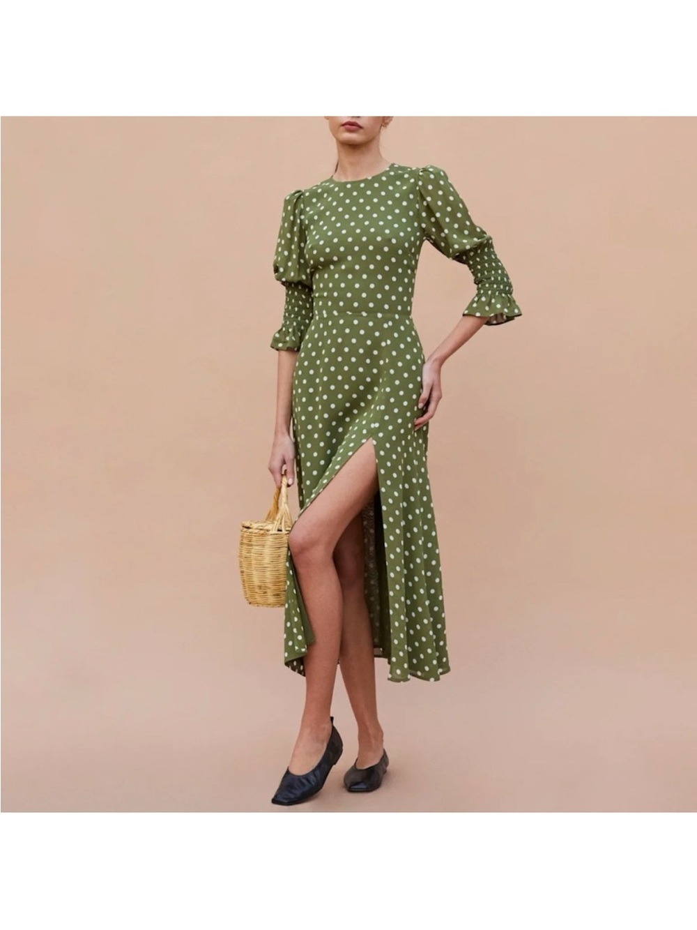 Reformation Carolena Midi Dress in Edamame Green Polka Dot size 6